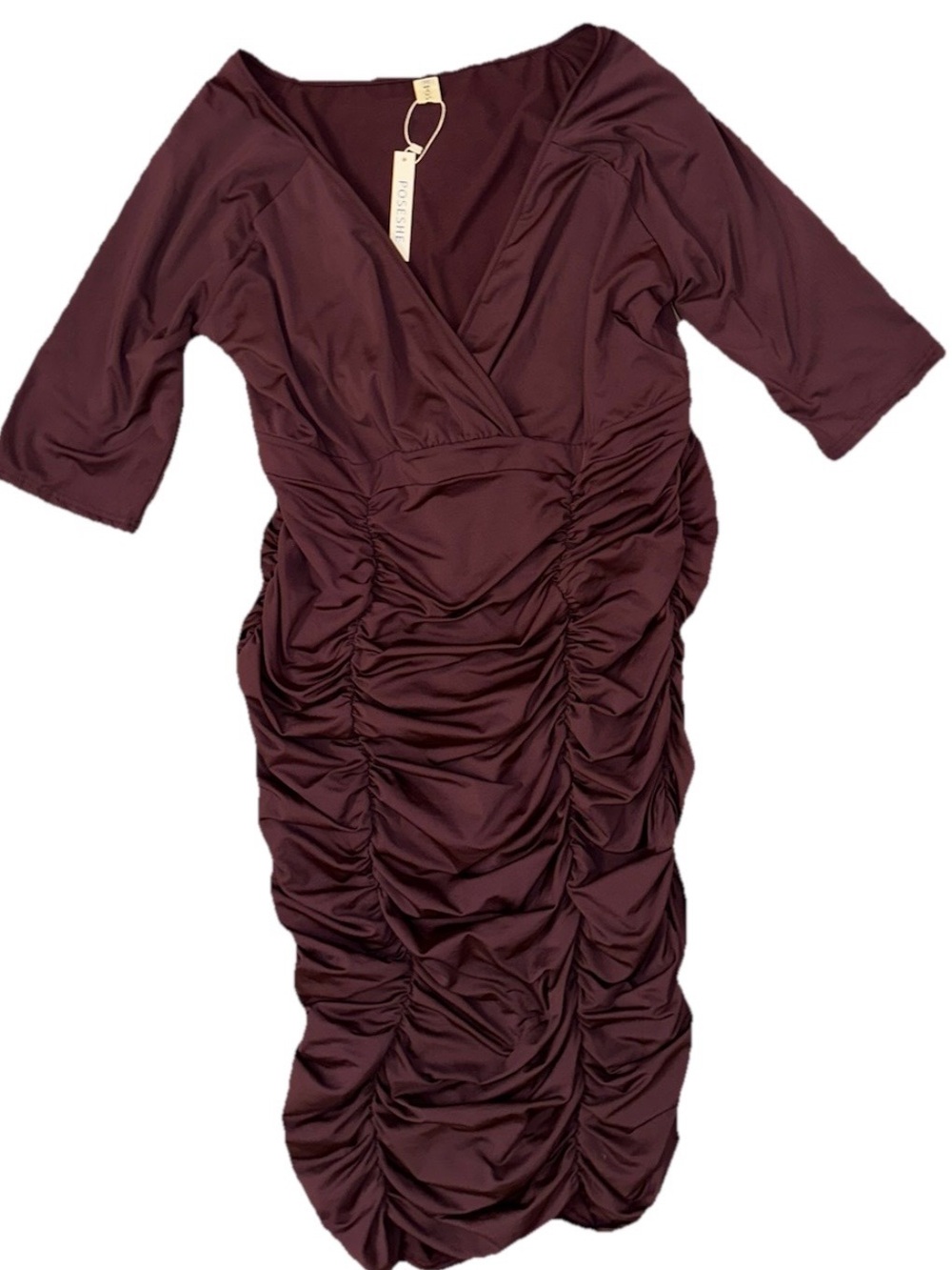 Ruched V-Neck Midi Dress in Burgundy by FOSTER